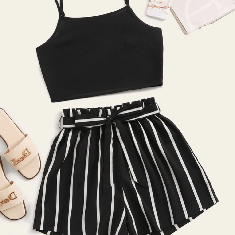 SHEIN Crop Cami Top With Striped Self Tie Shorts